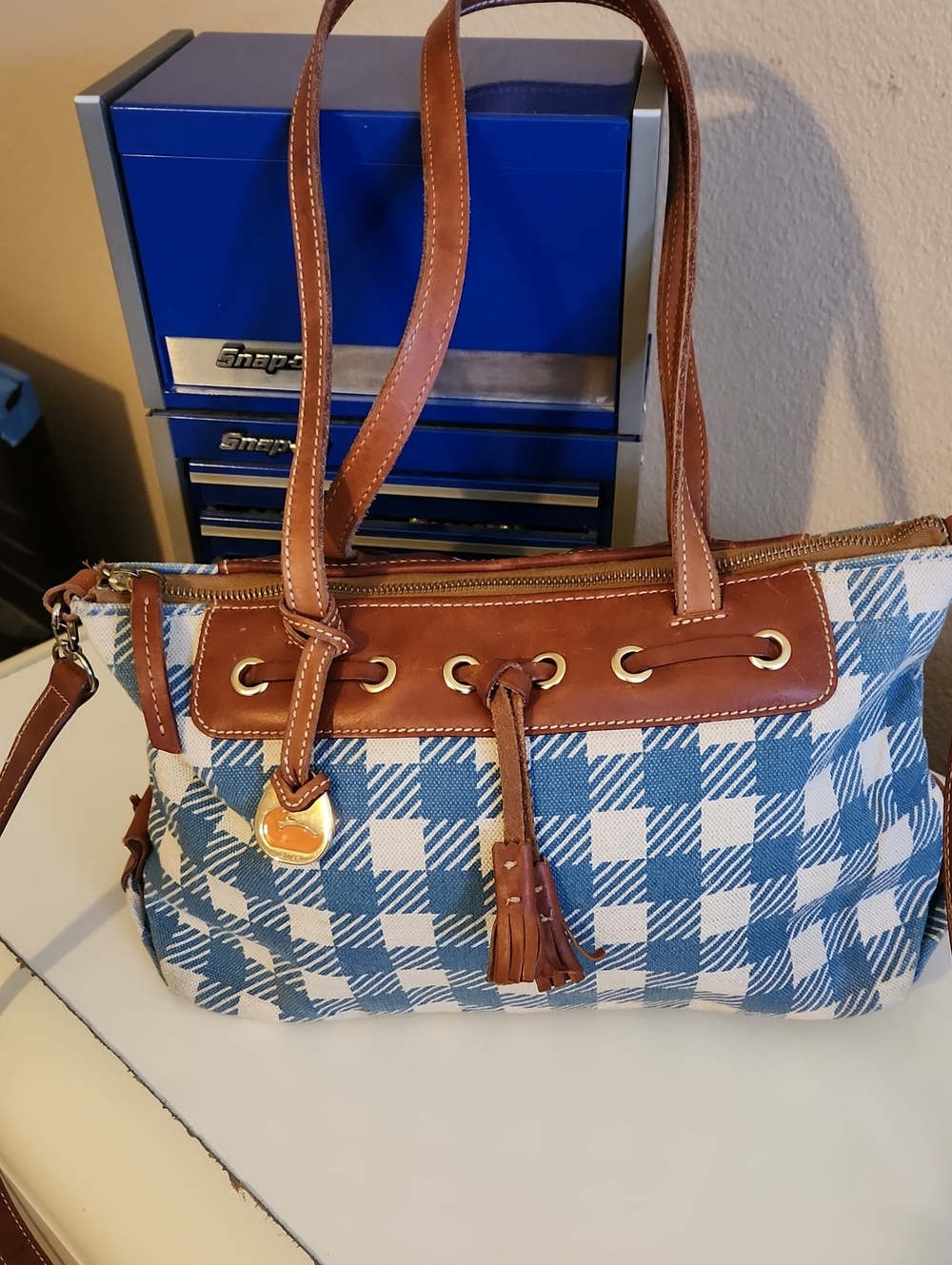 Dooney & Bourke Blue and White Plaid Shoulder Tote with Brown Leather Trim